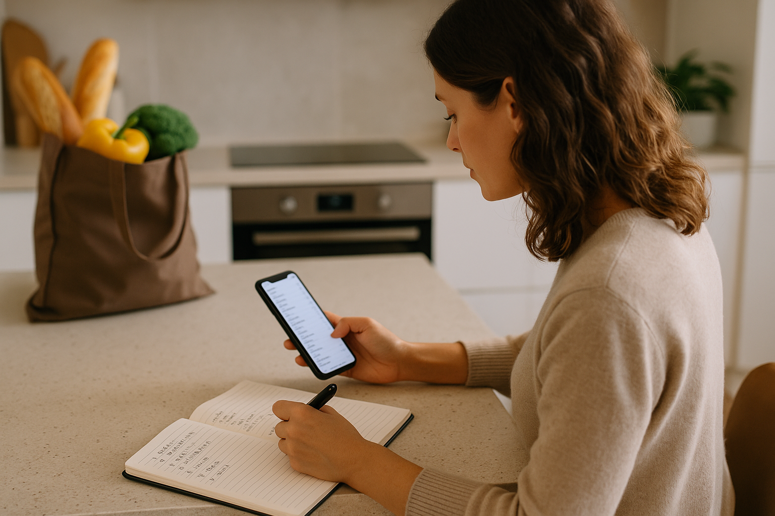 Donna che analizza le spese e confronta opzioni di acquisto tra taccuino e smartphone