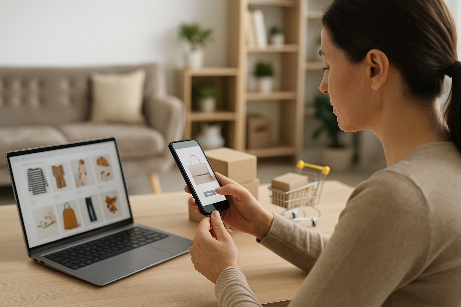 Donna che fa shopping online con lo smartphone in un ambiente domestico luminoso