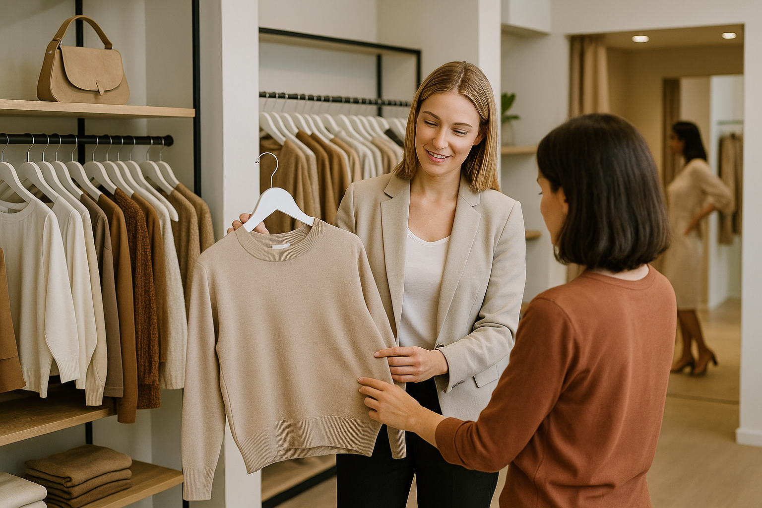 Boutique moderna con cliente e assistente durante la scelta di capi di abbigliamento