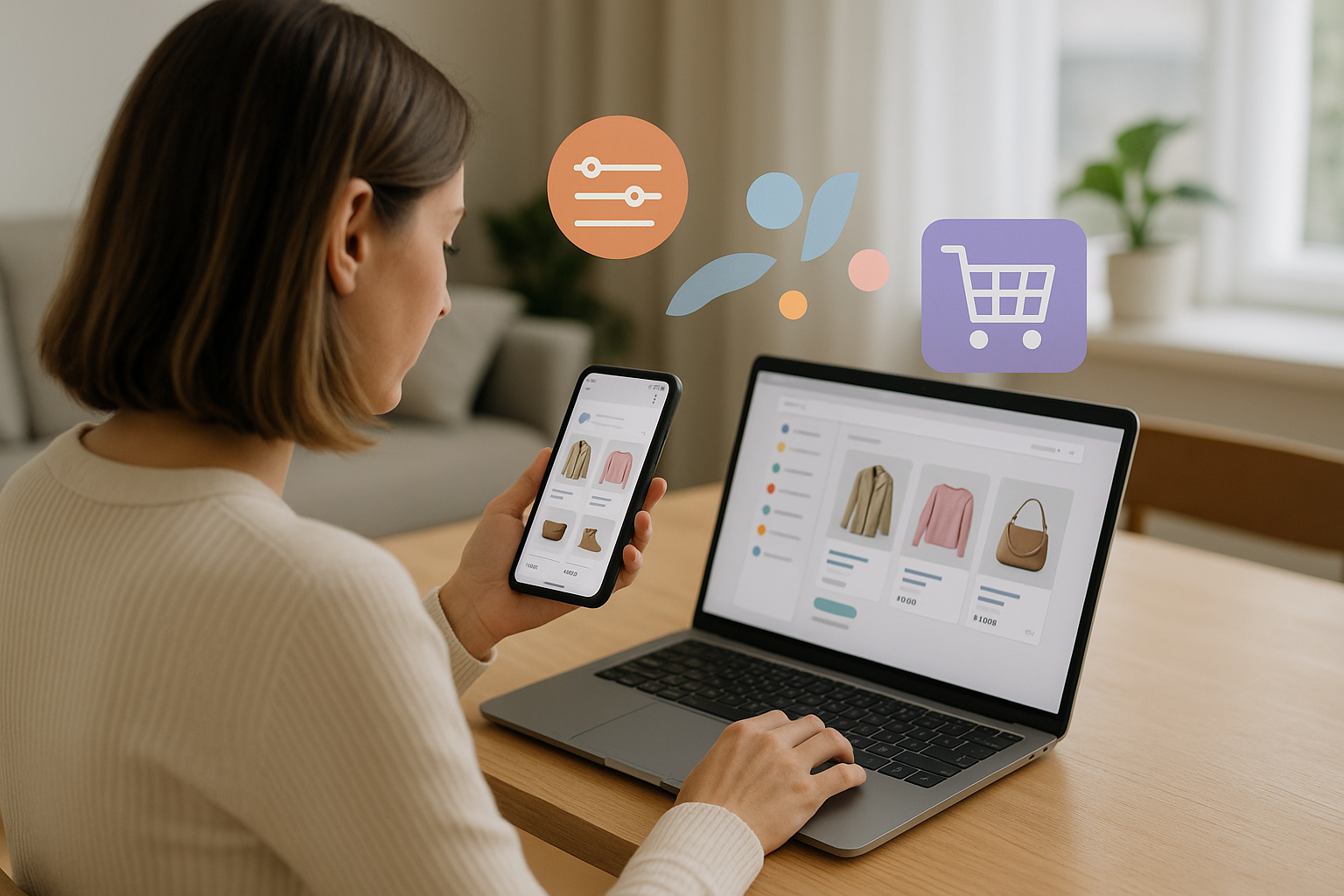 Donna che confronta prodotti online da smartphone e laptop durante lo shopping digitale