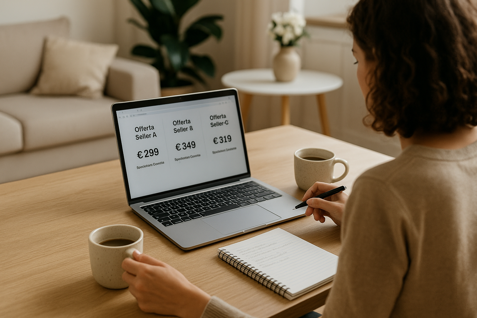 Consumatrice che confronta diversi venditori online valutando prezzo, recensioni e condizioni di reso