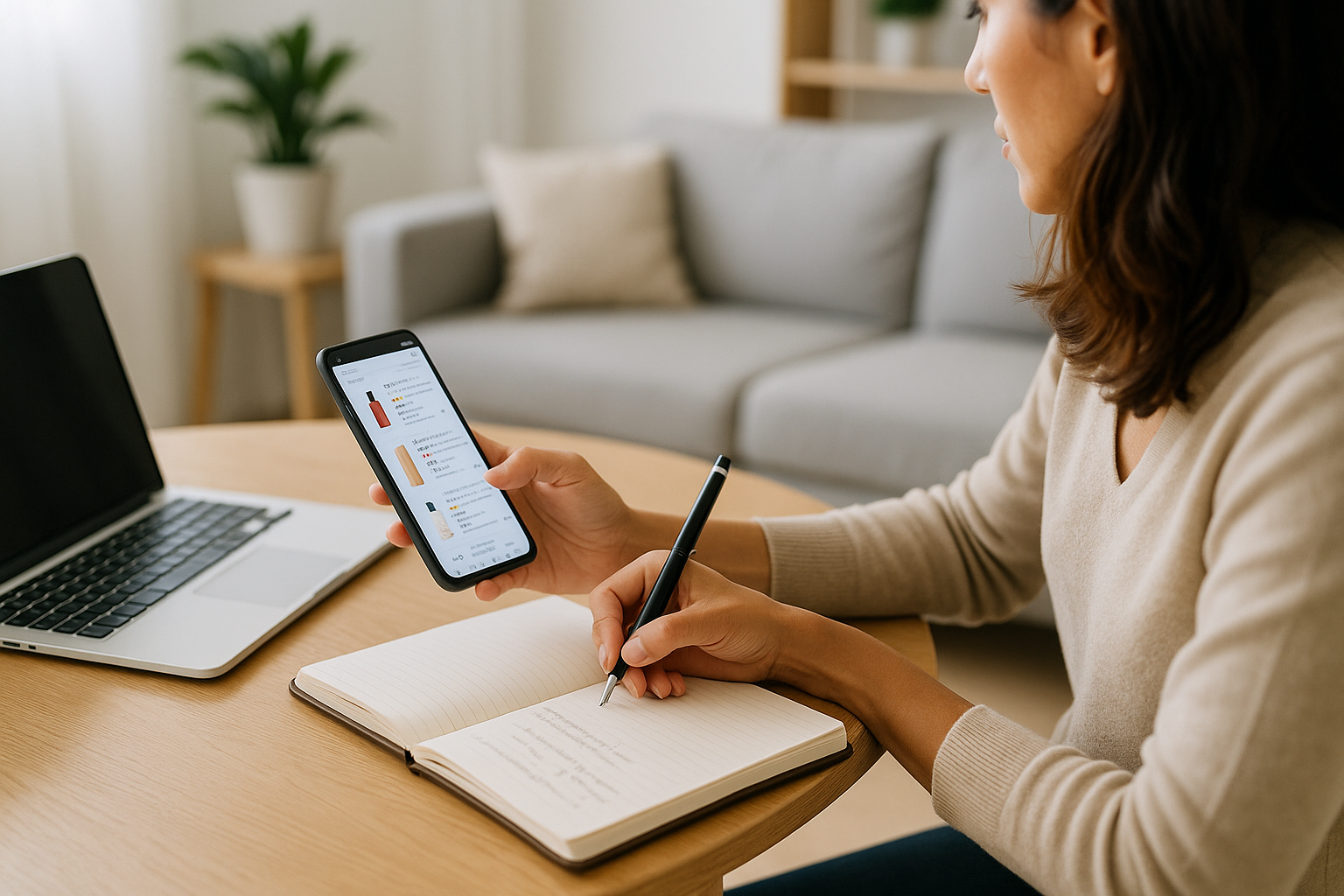 Donna che confronta prodotti e recensioni su una piattaforma di vendita dal telefono