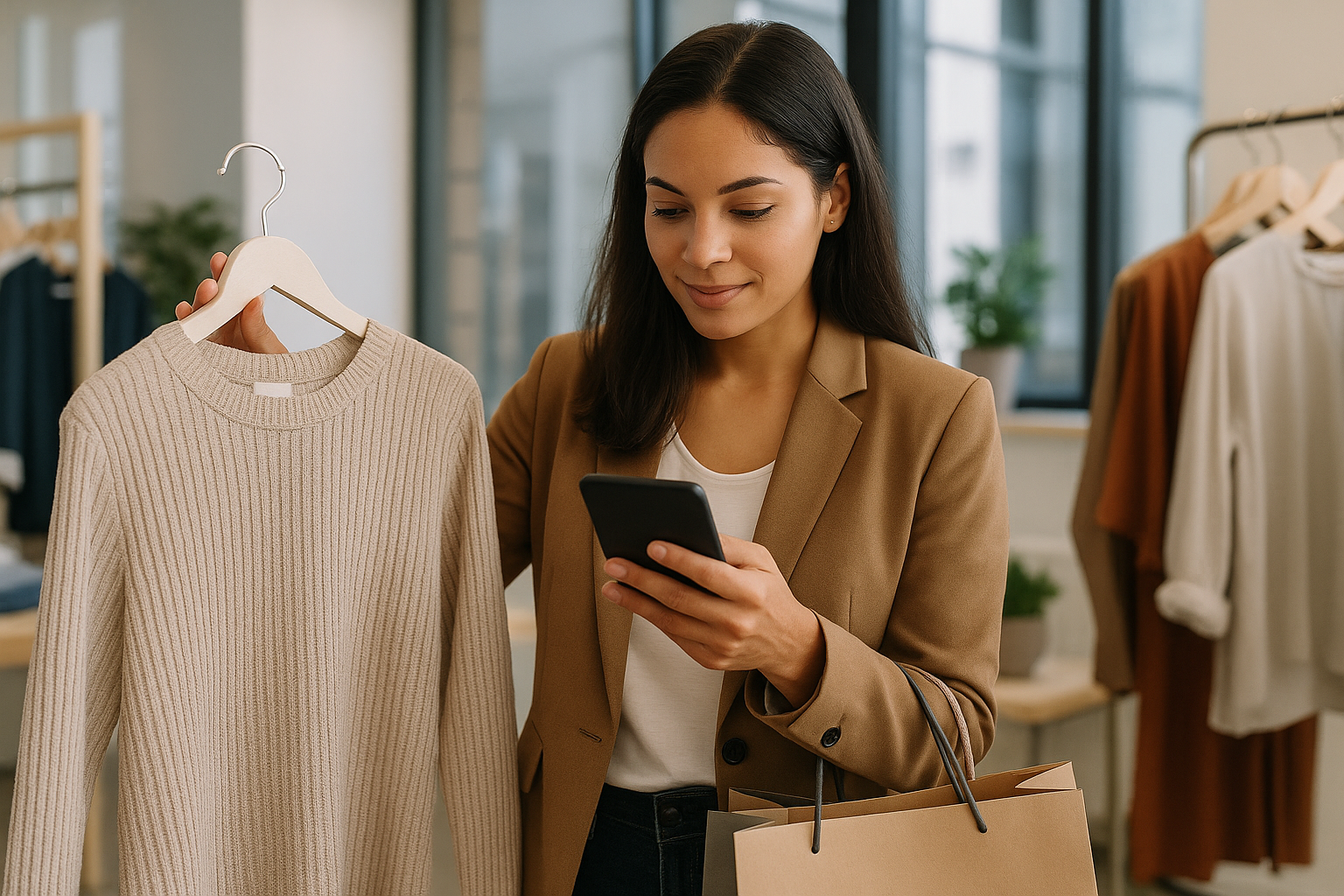 Cliente che usa lo smartphone durante lo shopping in un negozio moderno