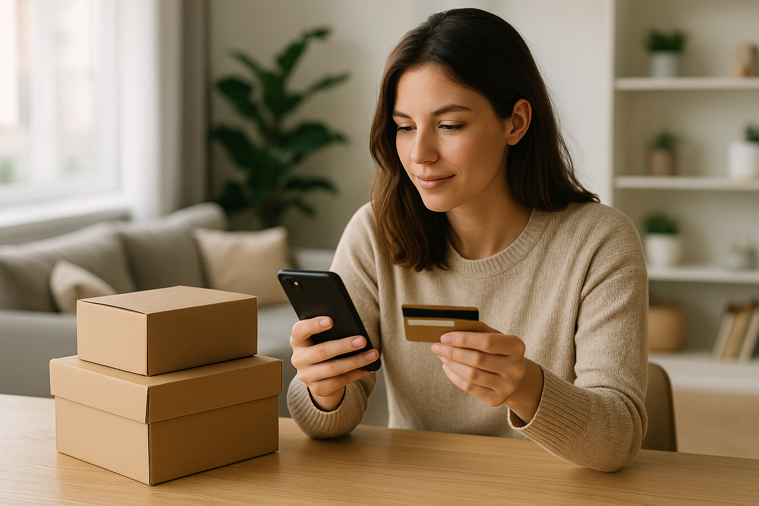 Donna che fa shopping online con lo smartphone in un ambiente domestico luminoso