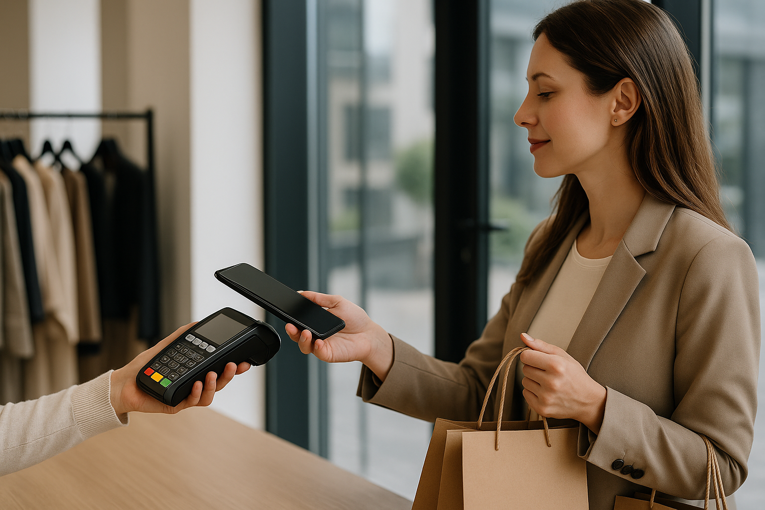 Cliente che effettua un pagamento contactless con smartphone durante lo shopping