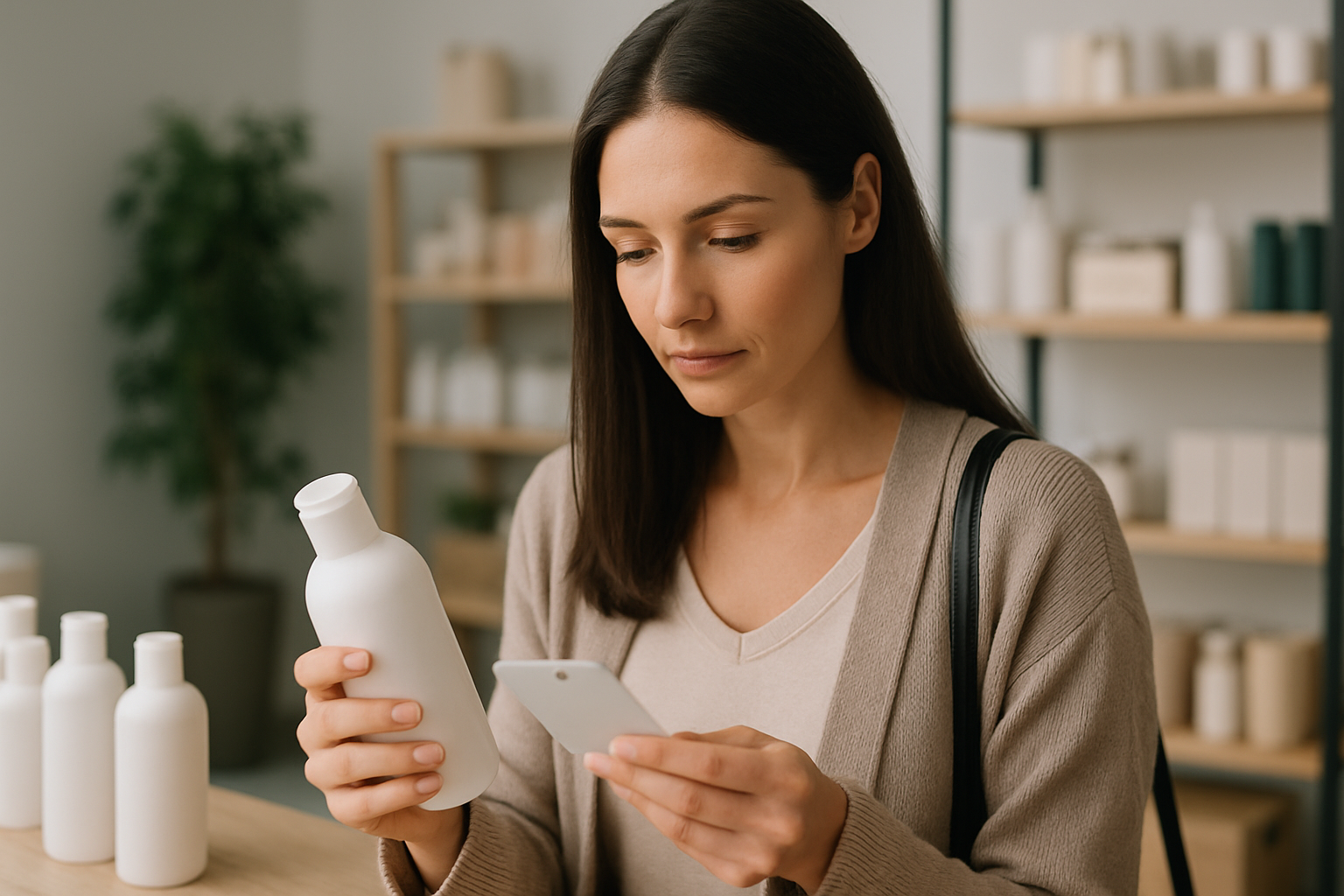 Consumatrice che confronta prezzi e promozioni per scegliere un'offerta conveniente