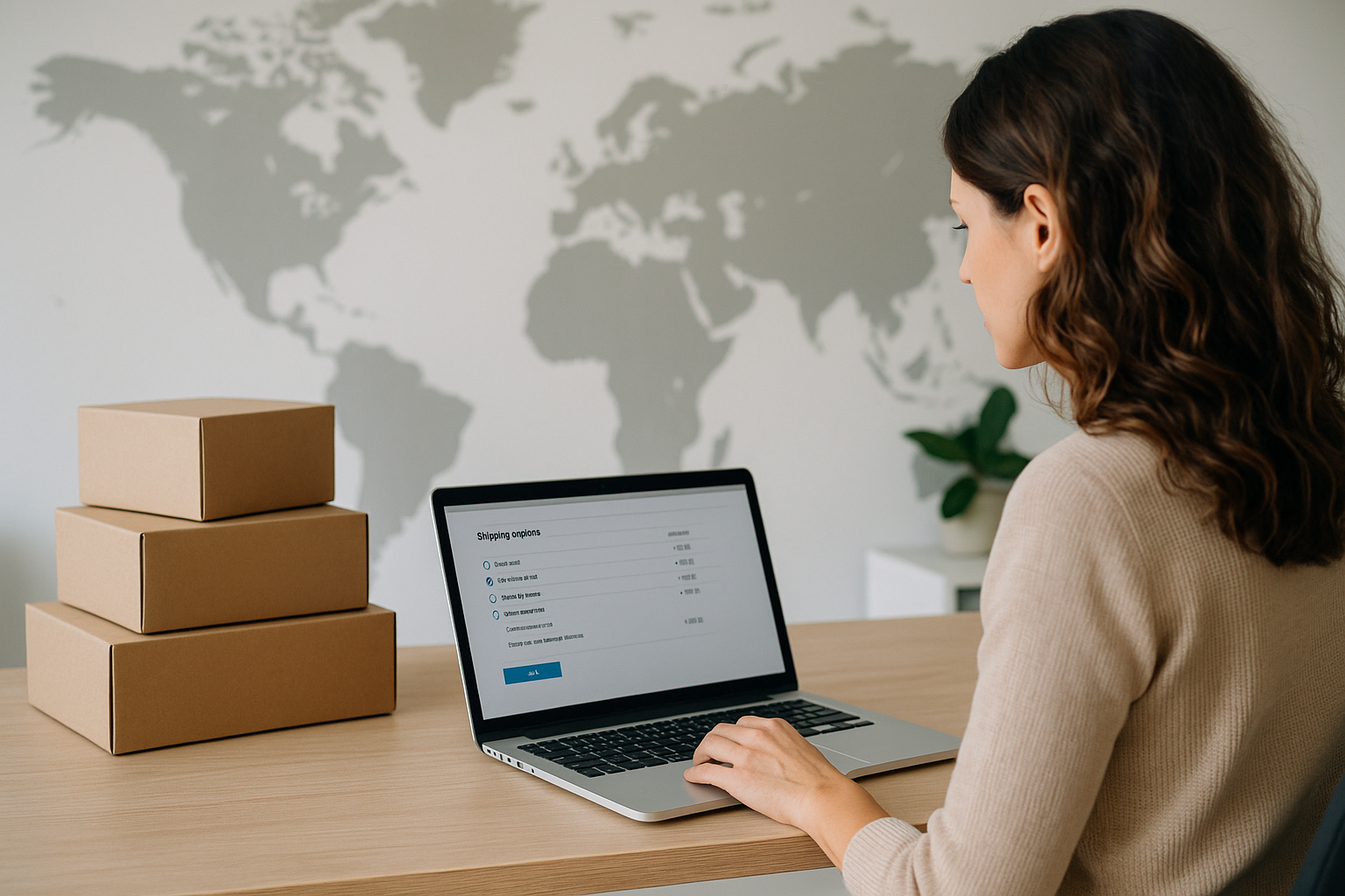 Donna che fa shopping online confrontando prezzi e opzioni di spedizione nel commercio globale