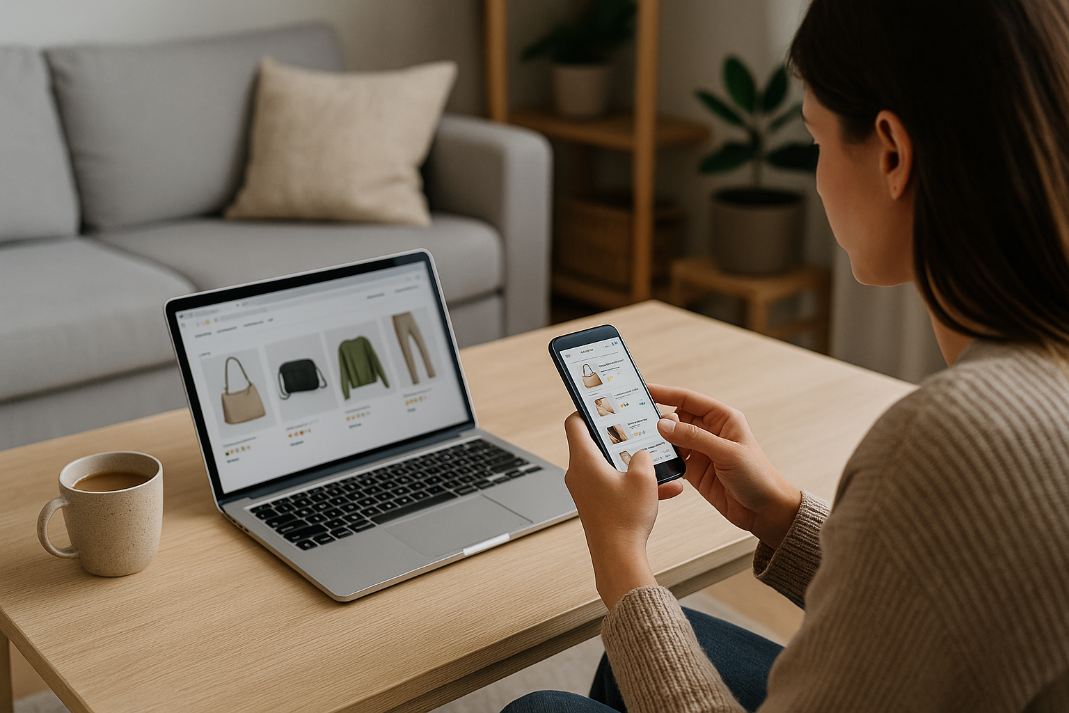 Consumatrice che confronta opzioni di acquisto online su smartphone e computer in casa