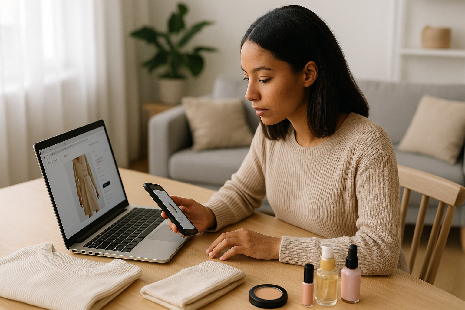 Donna che fa shopping online da smartphone e laptop confrontando prodotti e dettagli