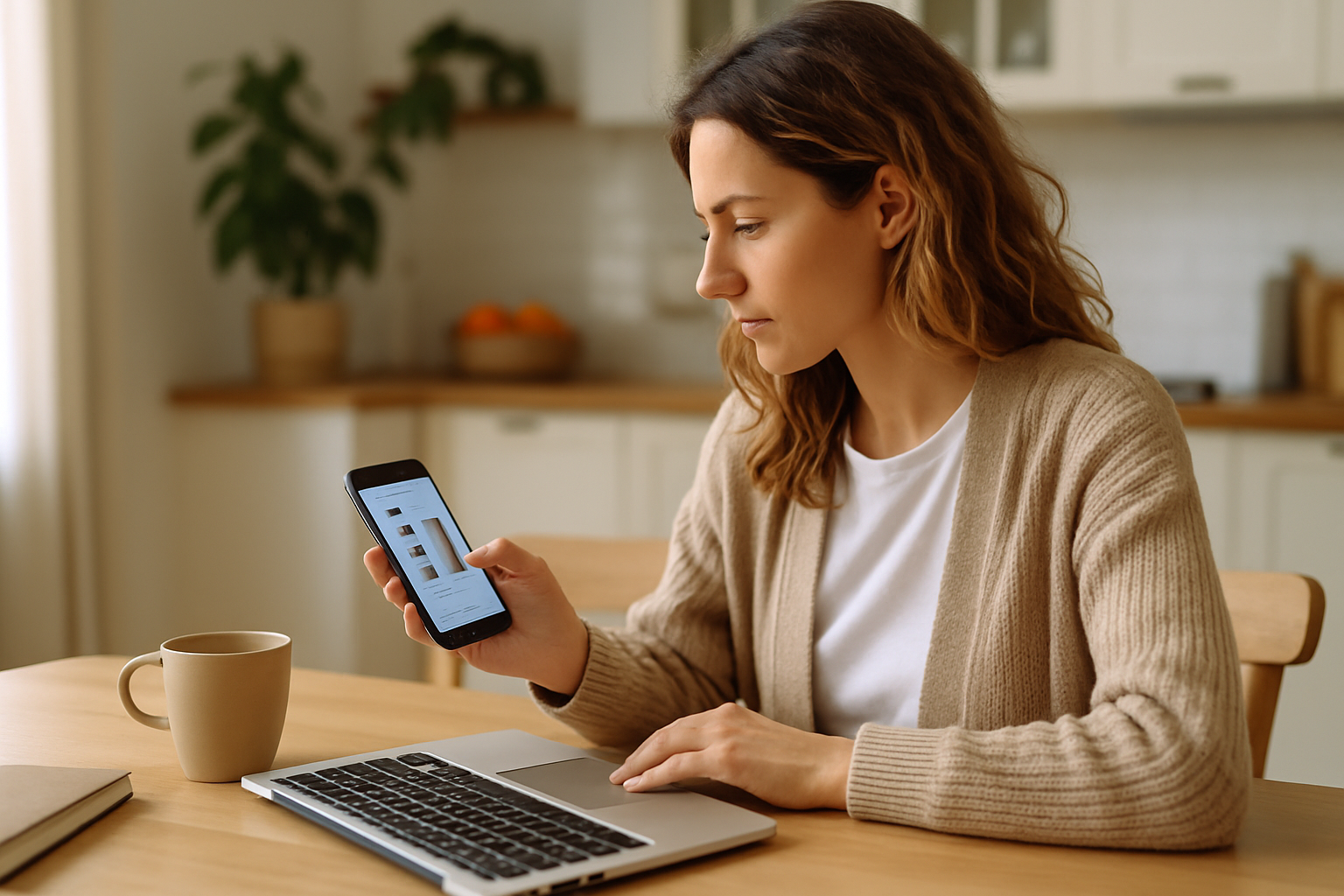 Donna che confronta prodotti online da smartphone in un ambiente domestico luminoso