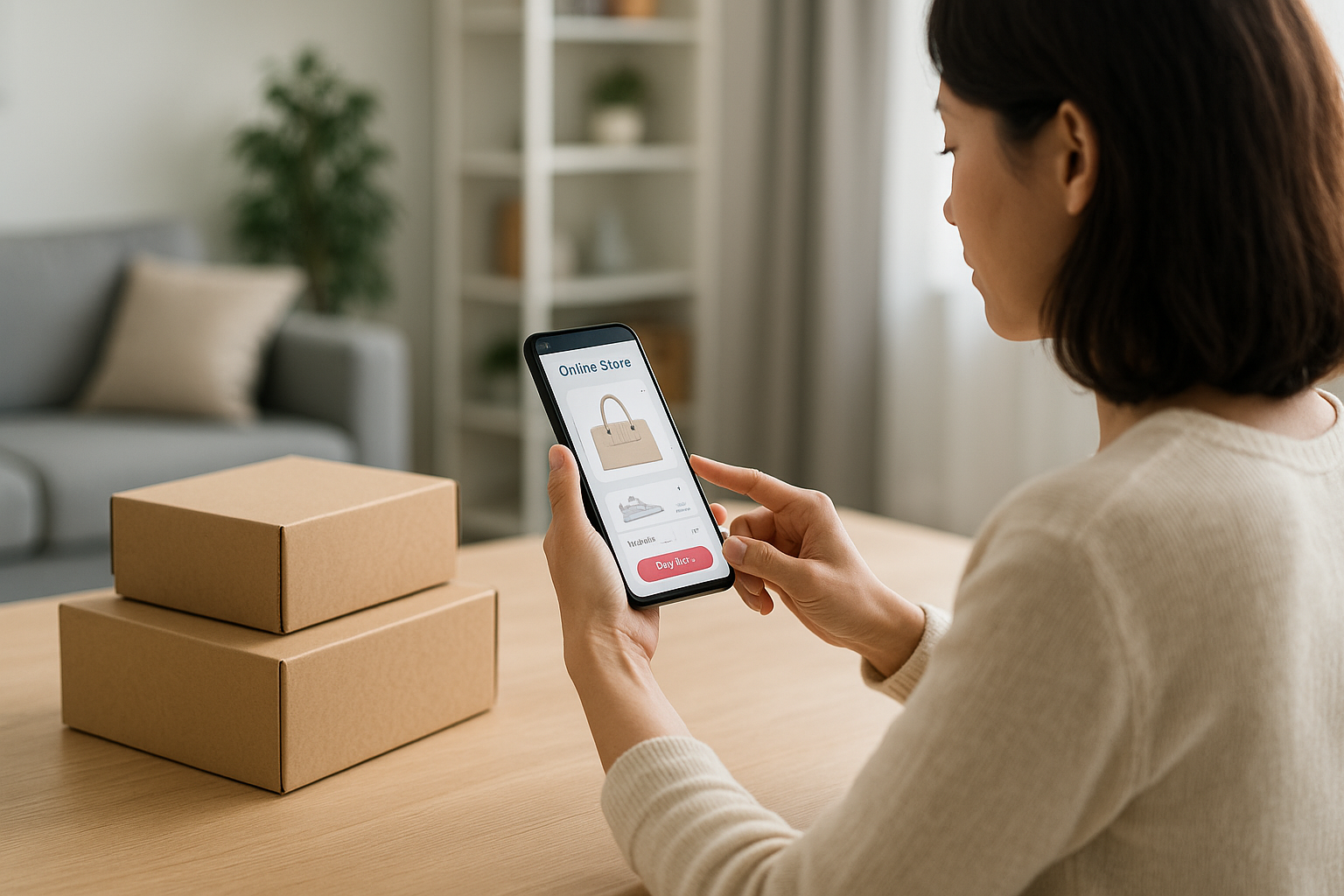 Donna che fa shopping online da smartphone con pacchi sul tavolo in un ambiente domestico luminoso
