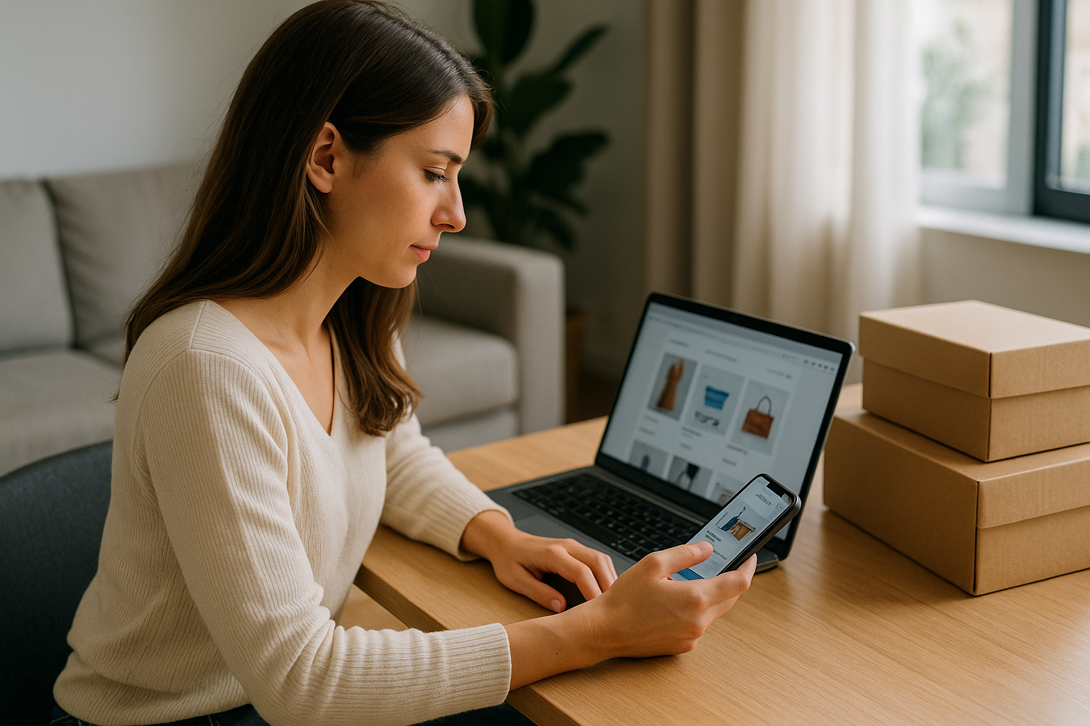 Donna che confronta prodotti e prezzi online da smartphone e laptop durante una sessione di shopping digitale