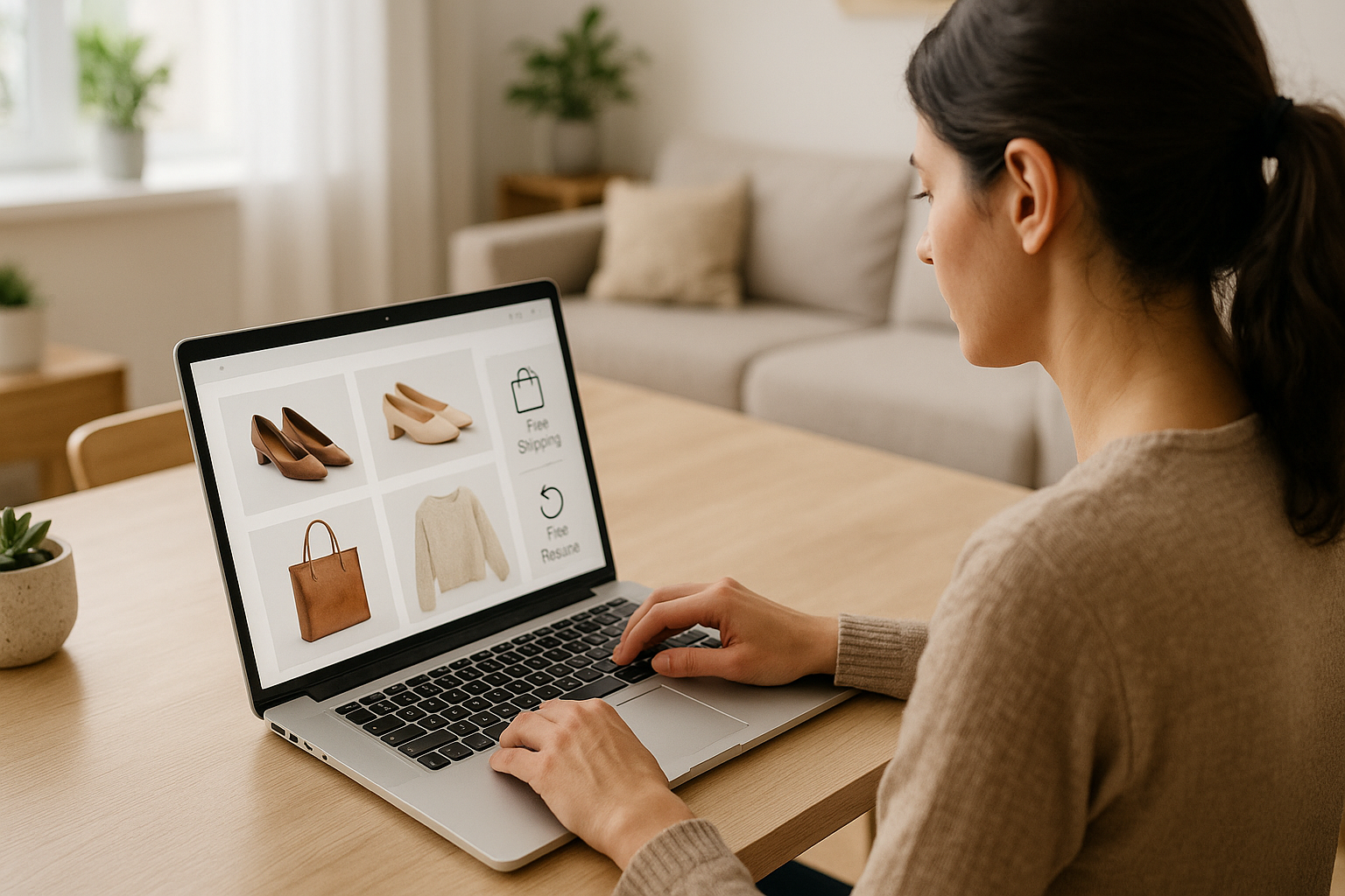 Donna che confronta prodotti e opzioni di spedizione durante uno shopping online