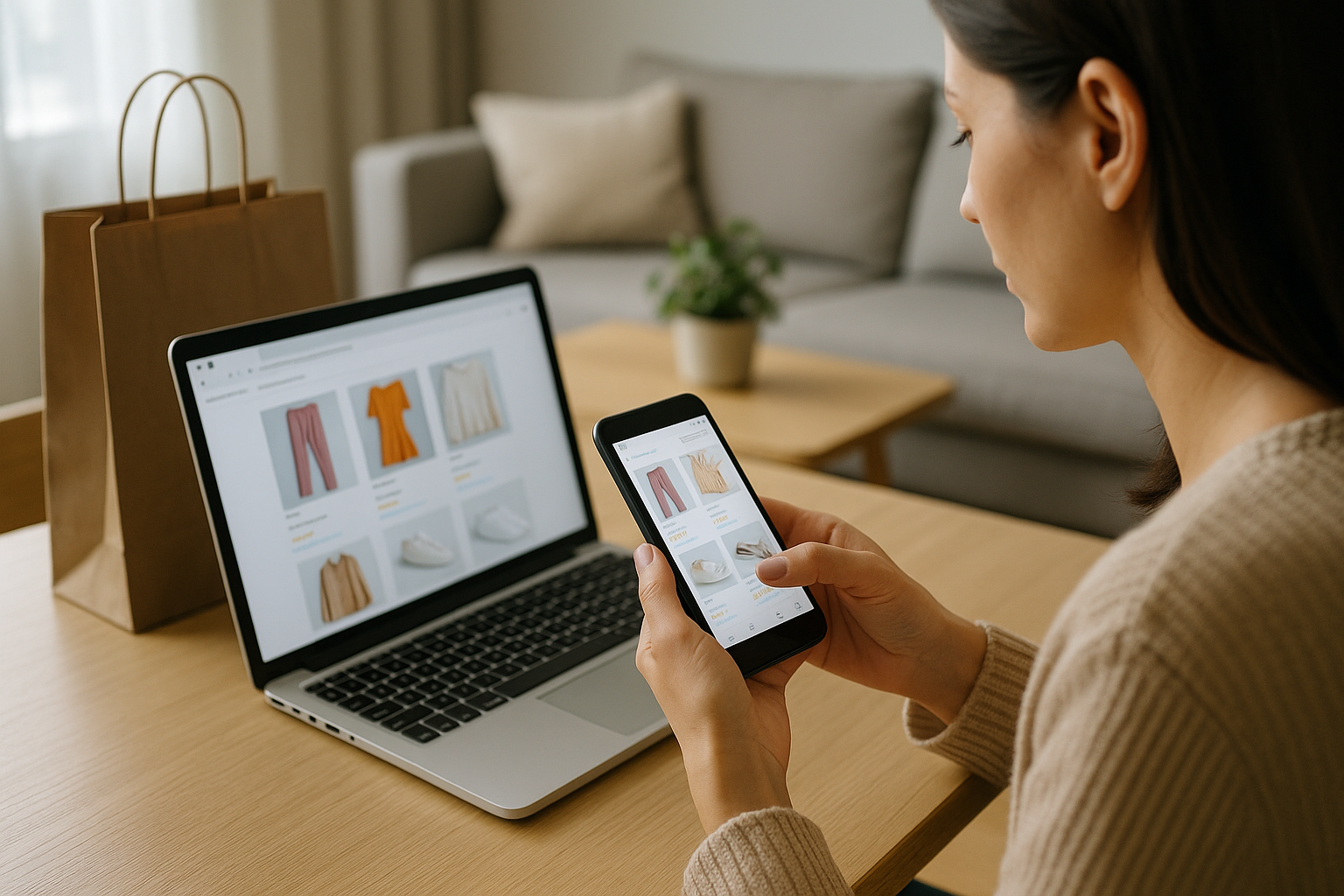 Donna che confronta prodotti su una piattaforma di shopping digitale dal proprio smartphone