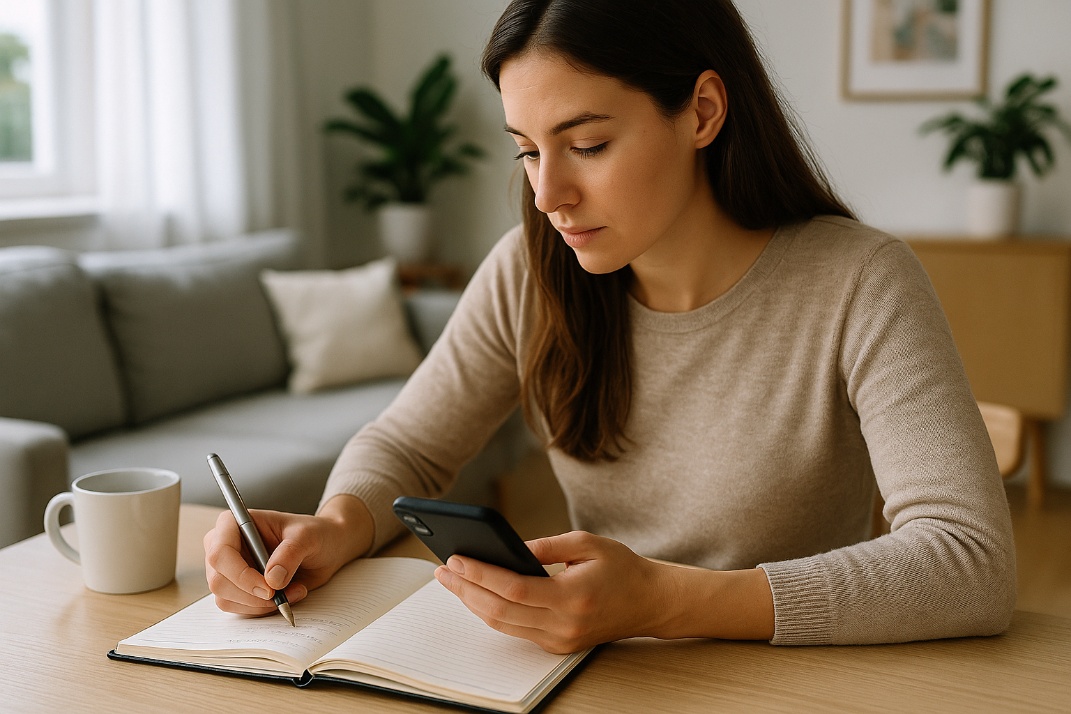 Consumatrice che confronta offerte promozionali sullo smartphone e valuta il valore dell'acquisto