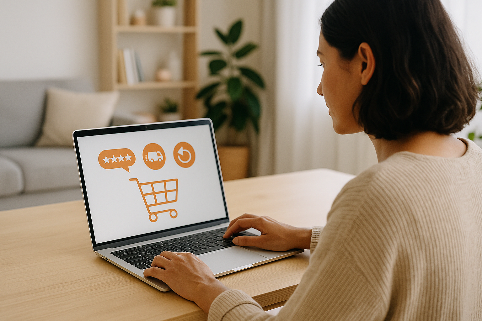 Donna che fa shopping online da laptop valutando recensioni, consegna e reso
